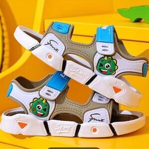 Kids Dinosaur Sandals - Tan, Blue, and White